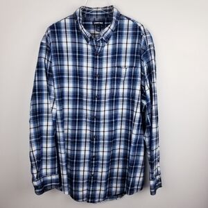 Lands' End Men's Blue Plaid Flannel Button Front Shirt